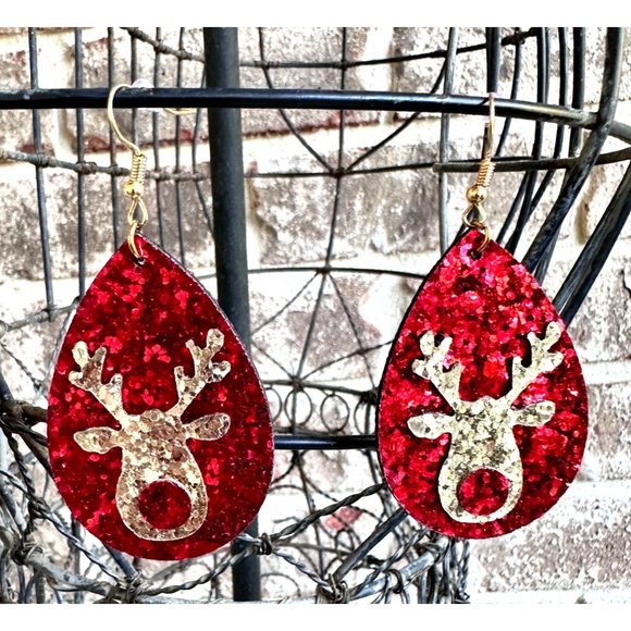 Rudolph Reindeer Earrings Christmas Handmade Whimsical Hooks Glitter Acc… - Picture 3 of 11